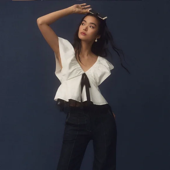 anthropologie bow ruffle-sleeve babydoll blouse size XS, elegant feminine zipper - Picture 2 of 10